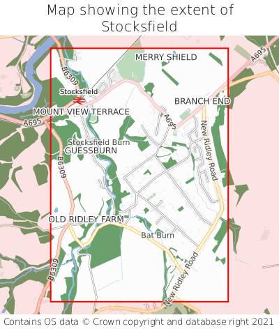 Map showing extent of Stocksfield as bounding box