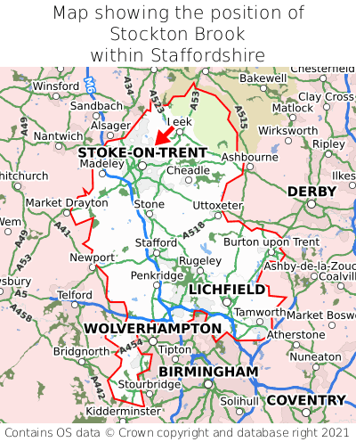 Map showing location of Stockton Brook within Staffordshire