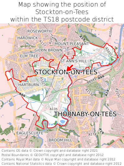 Map showing location of Stockton-on-Tees within TS18