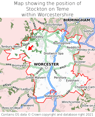 Map showing location of Stockton on Teme within Worcestershire