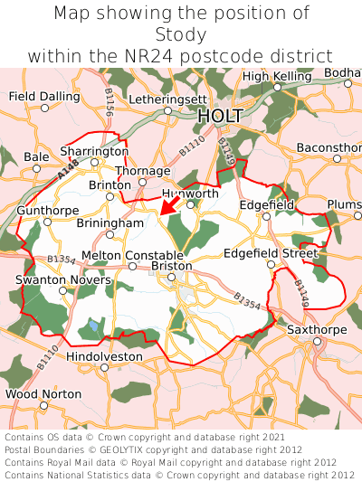 Map showing location of Stody within NR24