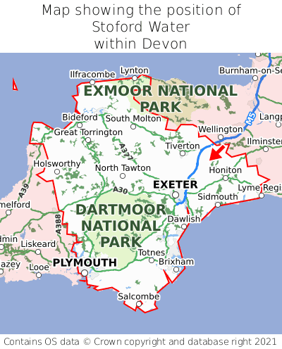 Map showing location of Stoford Water within Devon