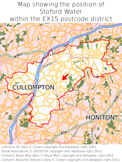 Map showing location of Stoford Water within EX15
