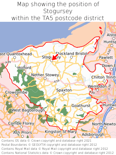 Map showing location of Stogursey within TA5