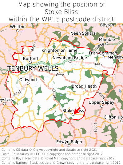 Map showing location of Stoke Bliss within WR15