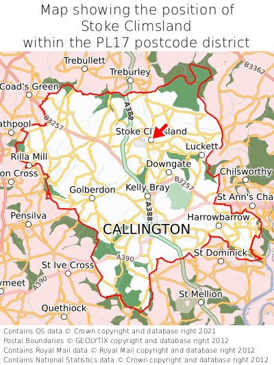 Map showing location of Stoke Climsland within PL17