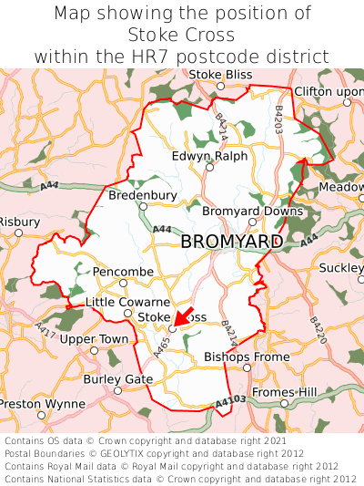 Map showing location of Stoke Cross within HR7