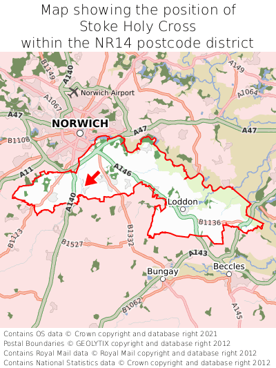 Map showing location of Stoke Holy Cross within NR14