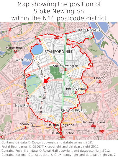 Map showing location of Stoke Newington within N16