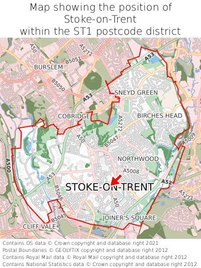 Map showing location of Stoke-on-Trent within ST1