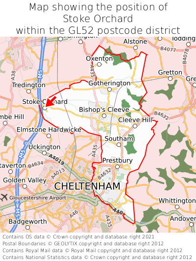 Map showing location of Stoke Orchard within GL52