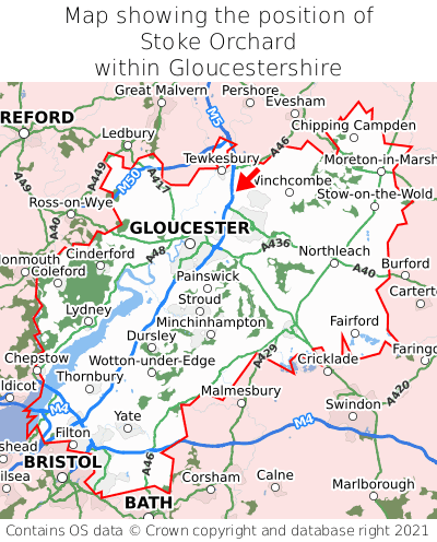 Map showing location of Stoke Orchard within Gloucestershire