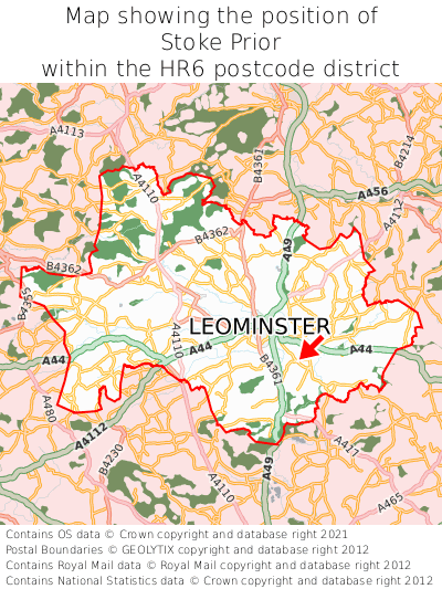 Map showing location of Stoke Prior within HR6