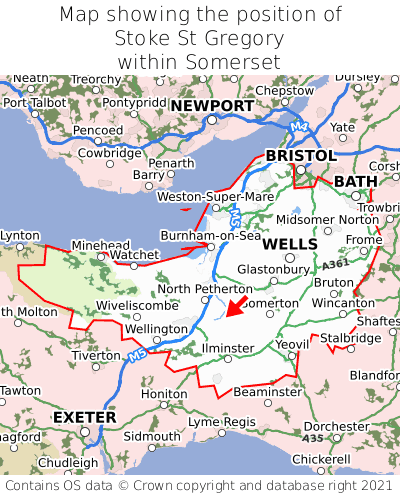 Map showing location of Stoke St Gregory within Somerset