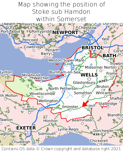 Map showing location of Stoke sub Hamdon within Somerset