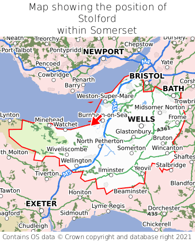 Map showing location of Stolford within Somerset