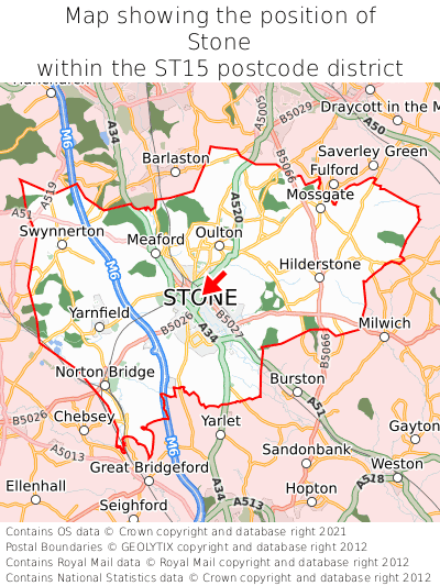 Map showing location of Stone within ST15