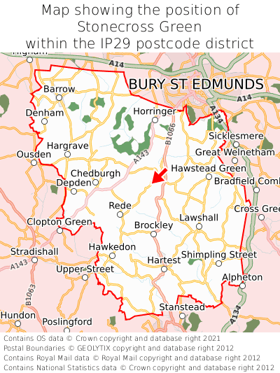 Map showing location of Stonecross Green within IP29