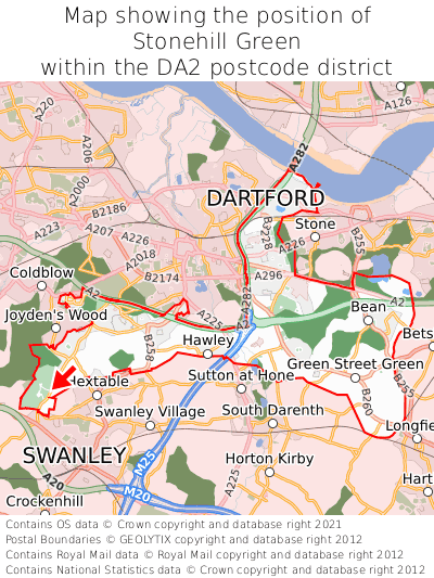 Map showing location of Stonehill Green within DA2