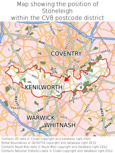 Map showing location of Stoneleigh within CV8