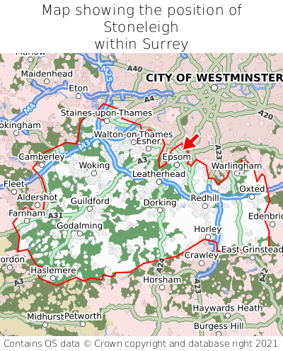 Map showing location of Stoneleigh within Surrey
