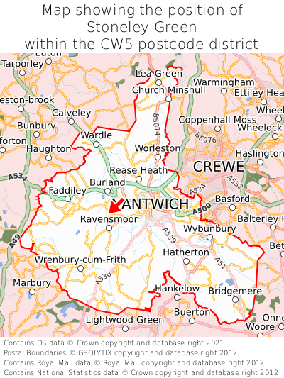 Map showing location of Stoneley Green within CW5