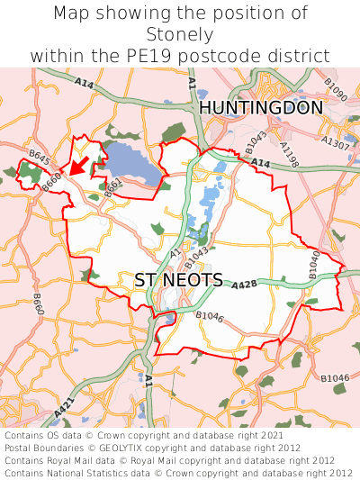 Map showing location of Stonely within PE19