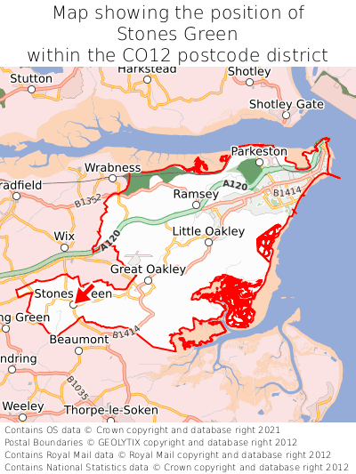 Map showing location of Stones Green within CO12