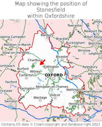 Map showing location of Stonesfield within Oxfordshire