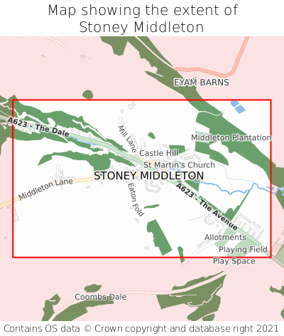 Map showing extent of Stoney Middleton as bounding box