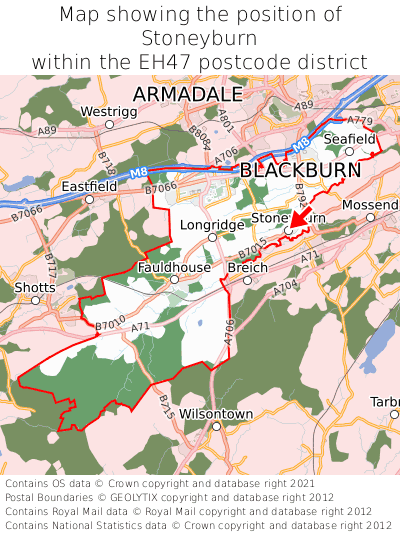Map showing location of Stoneyburn within EH47