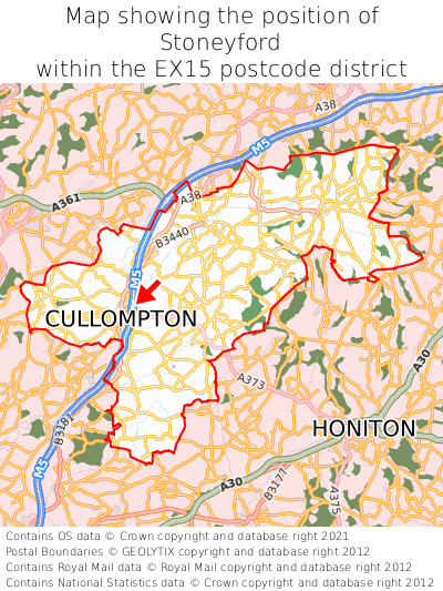 Map showing location of Stoneyford within EX15