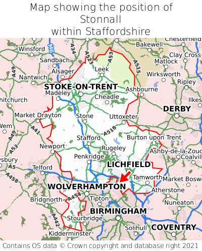 Map showing location of Stonnall within Staffordshire