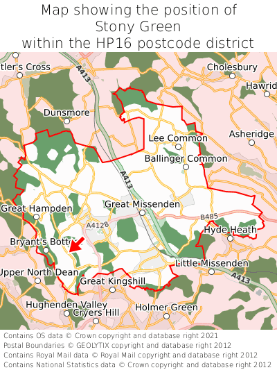 Map showing location of Stony Green within HP16