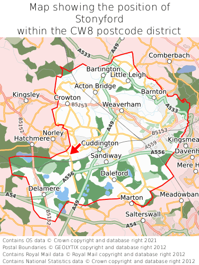 Map showing location of Stonyford within CW8