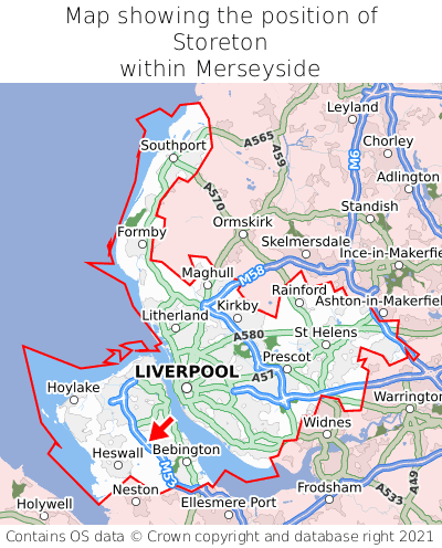 Map showing location of Storeton within Merseyside