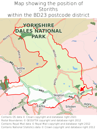 Map showing location of Storiths within BD23