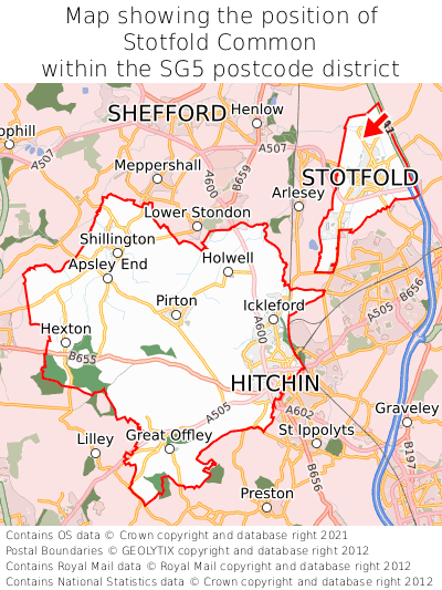 Map showing location of Stotfold Common within SG5