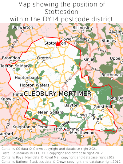 Map showing location of Stottesdon within DY14