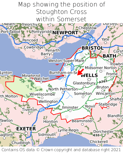 Map showing location of Stoughton Cross within Somerset