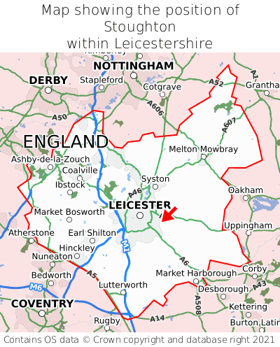 Map showing location of Stoughton within Leicestershire