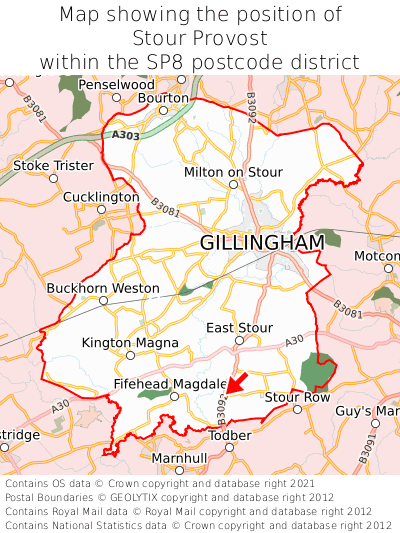 Map showing location of Stour Provost within SP8