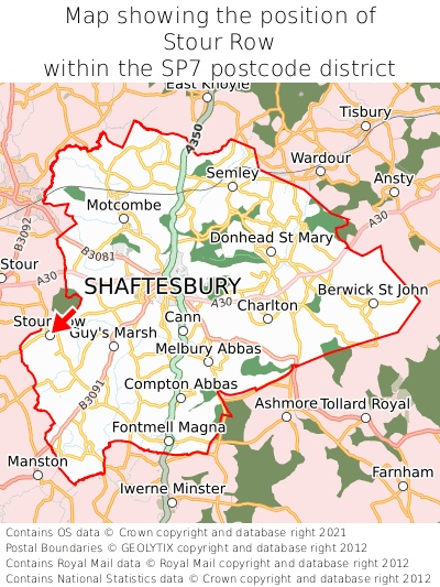 Map showing location of Stour Row within SP7