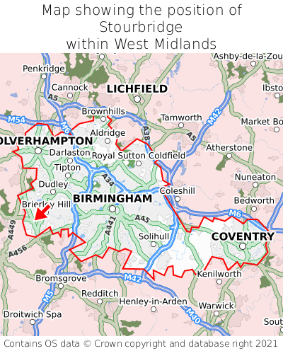 Map showing location of Stourbridge within West Midlands