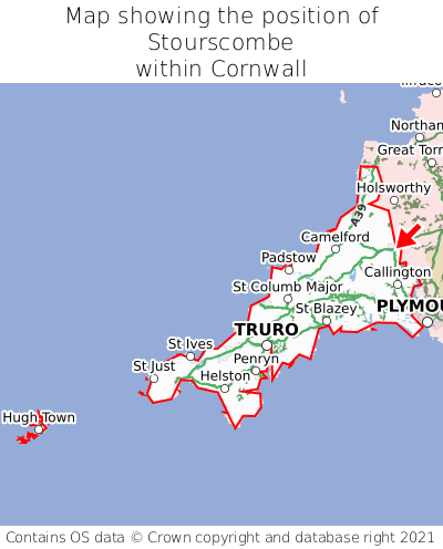 Map showing location of Stourscombe within Cornwall