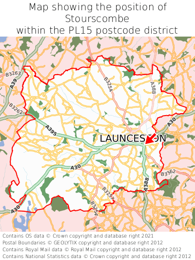 Map showing location of Stourscombe within PL15