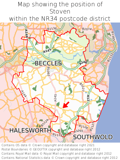 Map showing location of Stoven within NR34