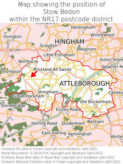 Map showing location of Stow Bedon within NR17