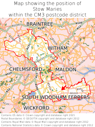 Map showing location of Stow Maries within CM3