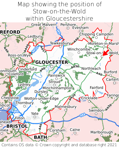 Map showing location of Stow-on-the-Wold within Gloucestershire